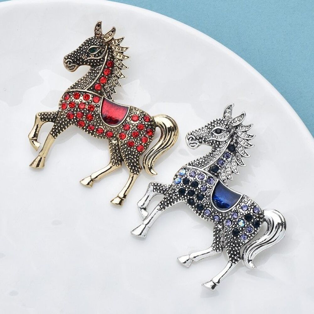 2pcs Vintage Rhinestone Horse Brooch Pin Set Equestrian Animal Jewelry Gift